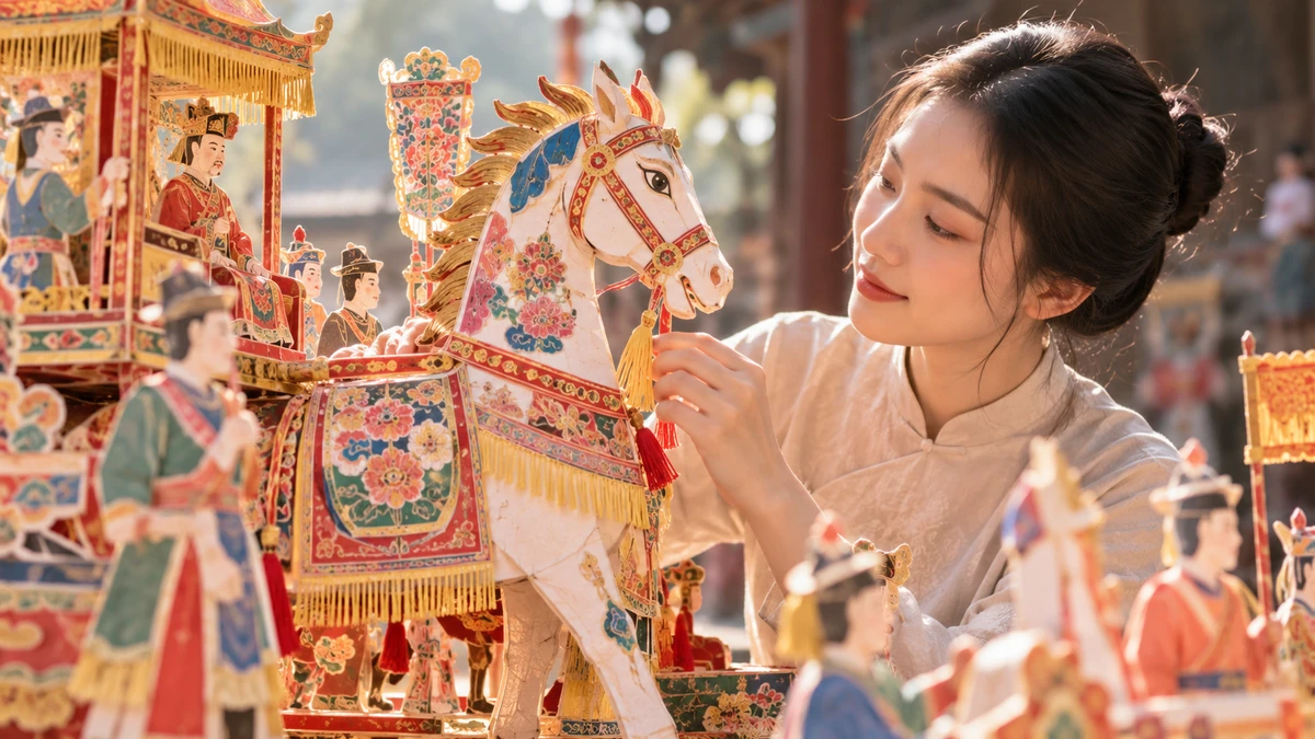 Cận cảnh các chi tiết thủ công, hình tượng ngựa giấy và họa tiết mỹ thuật dân gian trên Vinh Quy Bái Tổ