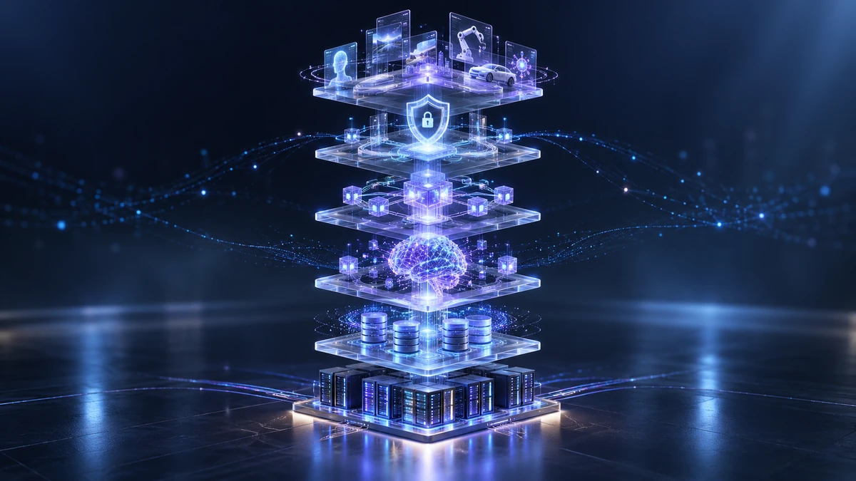 An illustration depicting a full-stack AI infrastructure against a dark background