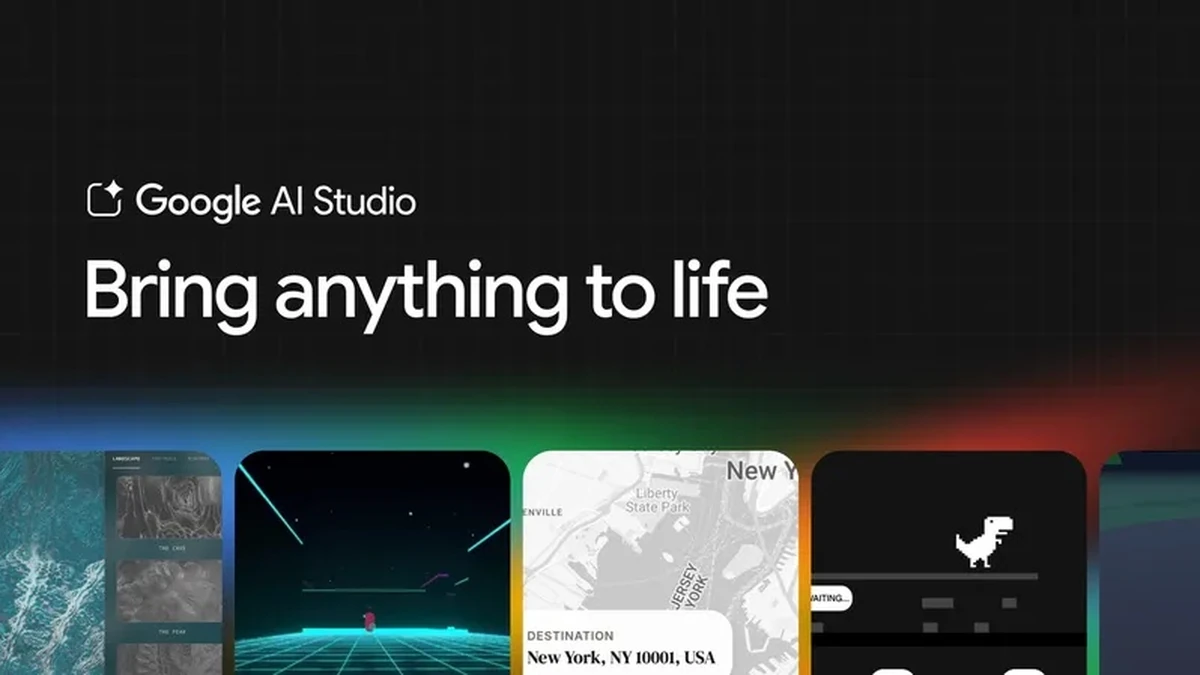 A dark screen with white text saying Google AI Studio: Bring anything to life. Underneath, the top half of five phone screens shows different Google app experiences