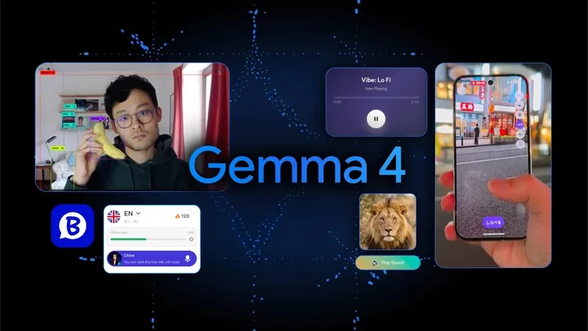 Text saying Gemma 4 is in the center with photos surrounding of a piano, lion, music, a person, and an English tutoring app interface