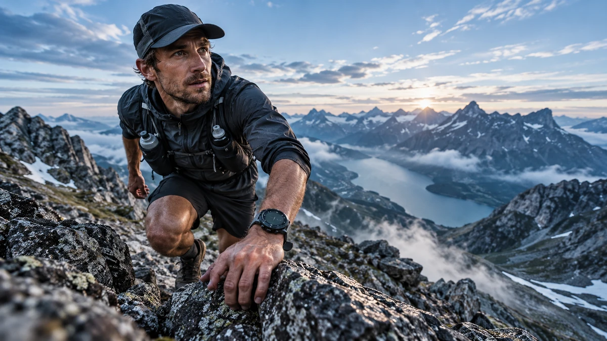 Garmin Enduro 4 trên cổ tay vận động viên ultra giữa cung đường núi đá khắc nghiệt, góc rộng thể hiện tinh thần bền bỉ và thám hiểm