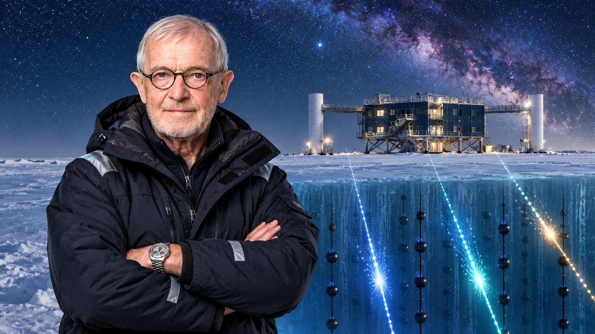 Francis Halzen trên nền Đài quan sát IceCube tại Nam Cực, kết hợp bầu trời vũ trụ và các đường neutrino xuyên qua lớp băng sâu