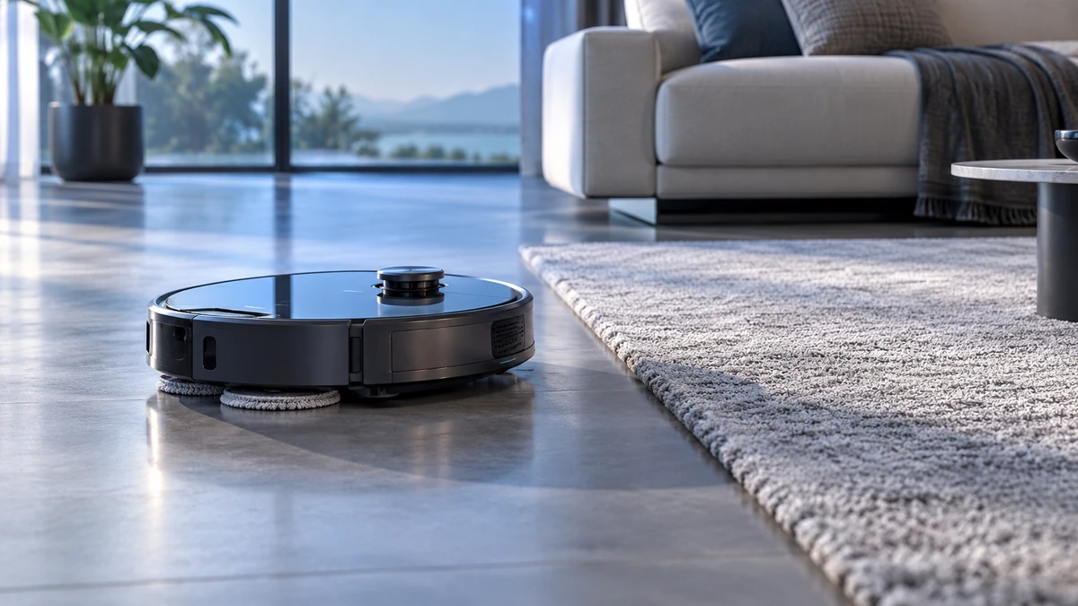 Roborock Saros 20 Flow Complete đang lau sàn cứng cạnh một tấm thảm phòng khách, thể hiện rõ khoảng cách an toàn giữa robot và mép thảm