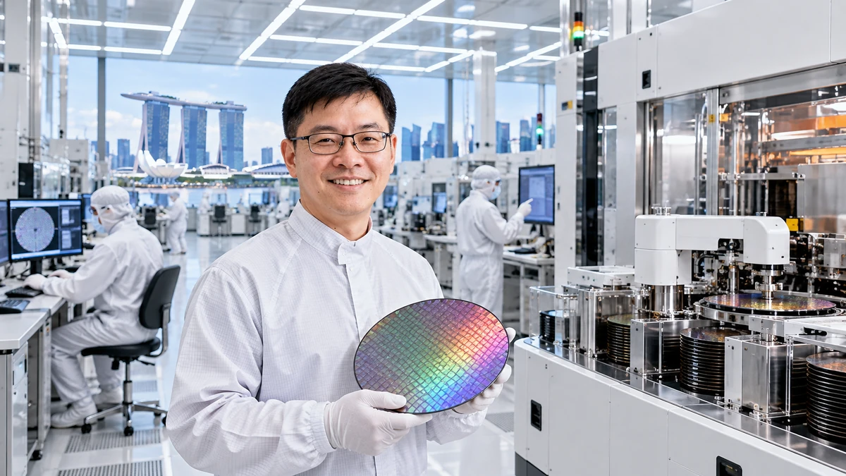 Toàn cảnh phòng sạch bán dẫn hiện đại tại Singapore với kỹ sư và dây chuyền xử lý wafer, nhấn mạnh quy mô hạ tầng R&D dùng chung