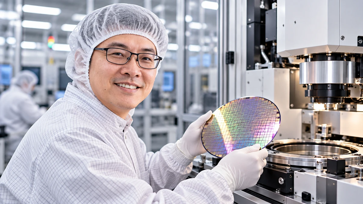 Cận cảnh kỹ sư trong phòng sạch kiểm tra wafer silicon trên thiết bị chế tạo bán dẫn đạt chuẩn công nghiệp