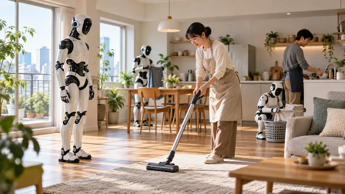Toàn cảnh một studio mô phỏng căn hộ, người lao động thực hiện việc nhà trong khi robot hình người quan sát và học thao tác, thể hiện sự giao thoa giữa lao động con người và AI hiện thân