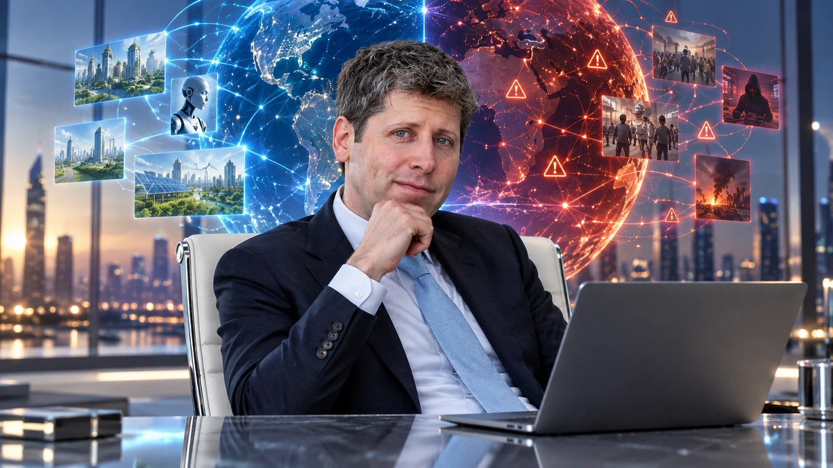 Sam Altman trong không gian công nghệ tương lai, phía sau là mạng lưới AI toàn cầu với hai nửa biểu trưng cho cơ hội và rủi ro