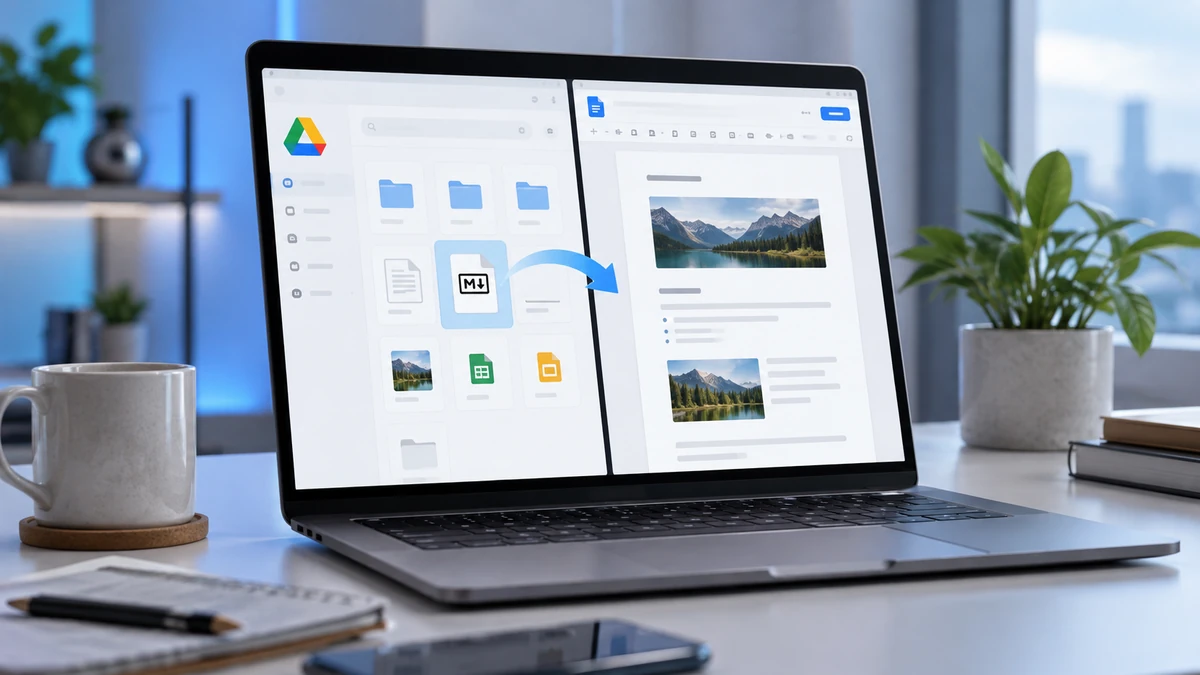 Giao diện laptop hiển thị Google Drive và tài liệu Markdown đang được mở trong Google Docs, nhấn mạnh sự kết nối giữa tệp .md và hệ sinh thái Google