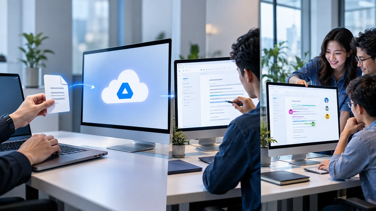 Minh họa quy trình tải tệp Markdown lên Google Drive, mở tệp, chỉnh sửa và cộng tác trực tuyến theo từng bước