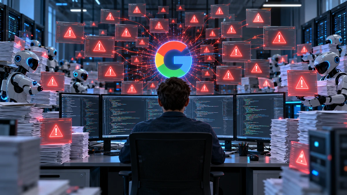Màn hình mã nguồn và biểu tượng Google ở trung tâm, bao quanh bởi hàng loạt cảnh báo lỗ hổng do AI tạo ra, thể hiện hệ thống OSS VRP bị quá tải bởi báo cáo tự động