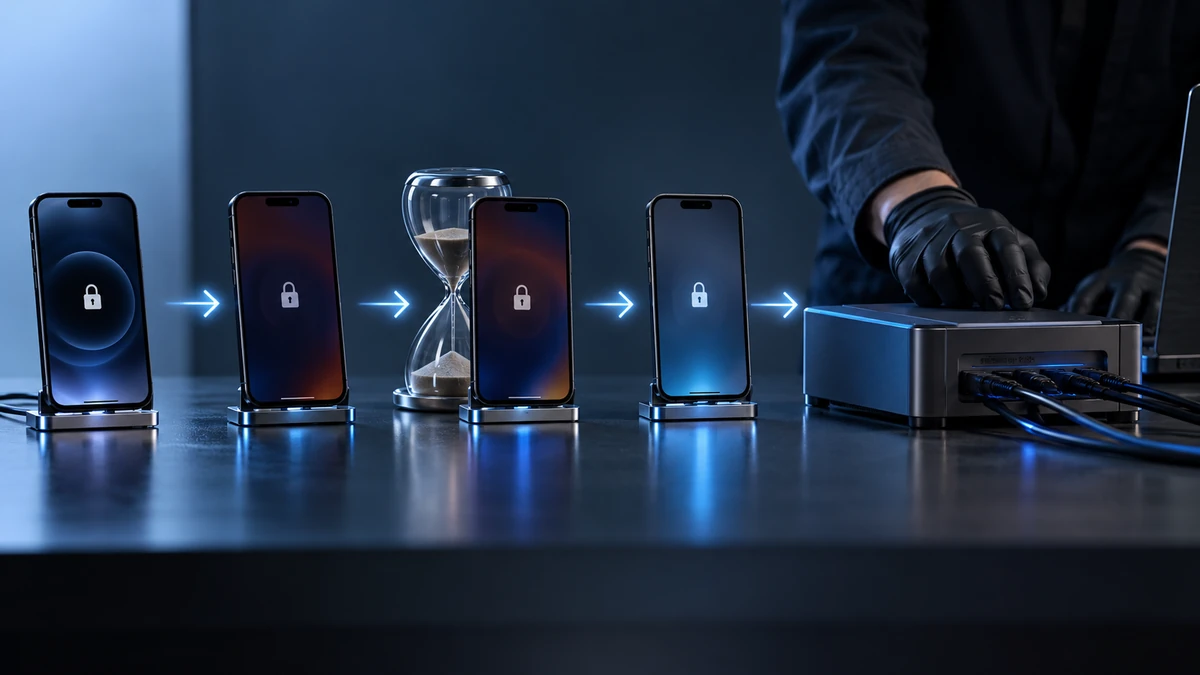 Sơ đồ quy trình iPhone ở trạng thái AFU, chạm mốc 72 giờ, Inactivity Reboot và cách GrayKey Preserve được tuyên bố can thiệp để bảo toàn trạng thái