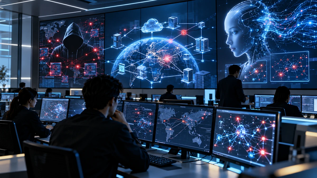 Không gian trung tâm vận hành an ninh mạng hiện đại, màn hình hiển thị hệ sinh thái Microsoft, mạng API và một lớp trợ lý AI đang phân tích các điểm kết nối bất thường, tạo cảm giác căng thẳng nhưng chuyên nghiệp
