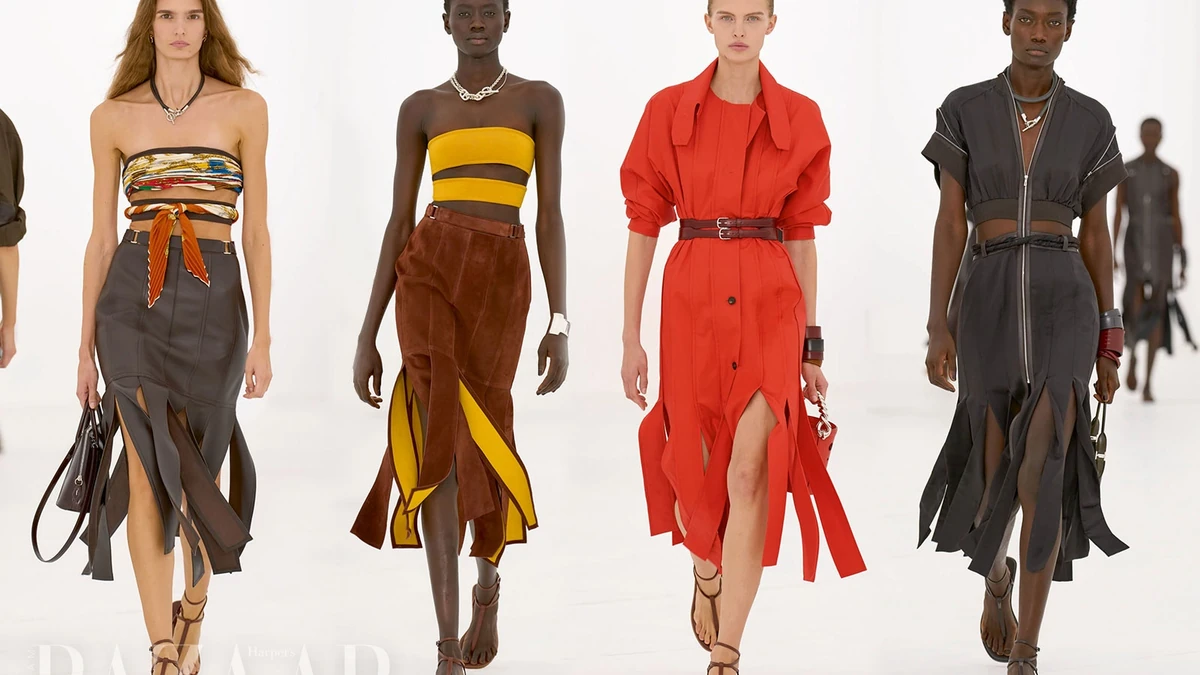 Những mẫu váy da lấy cảm hứng từ quạt trần. Ảnh: Filippo Fior for Hermès
