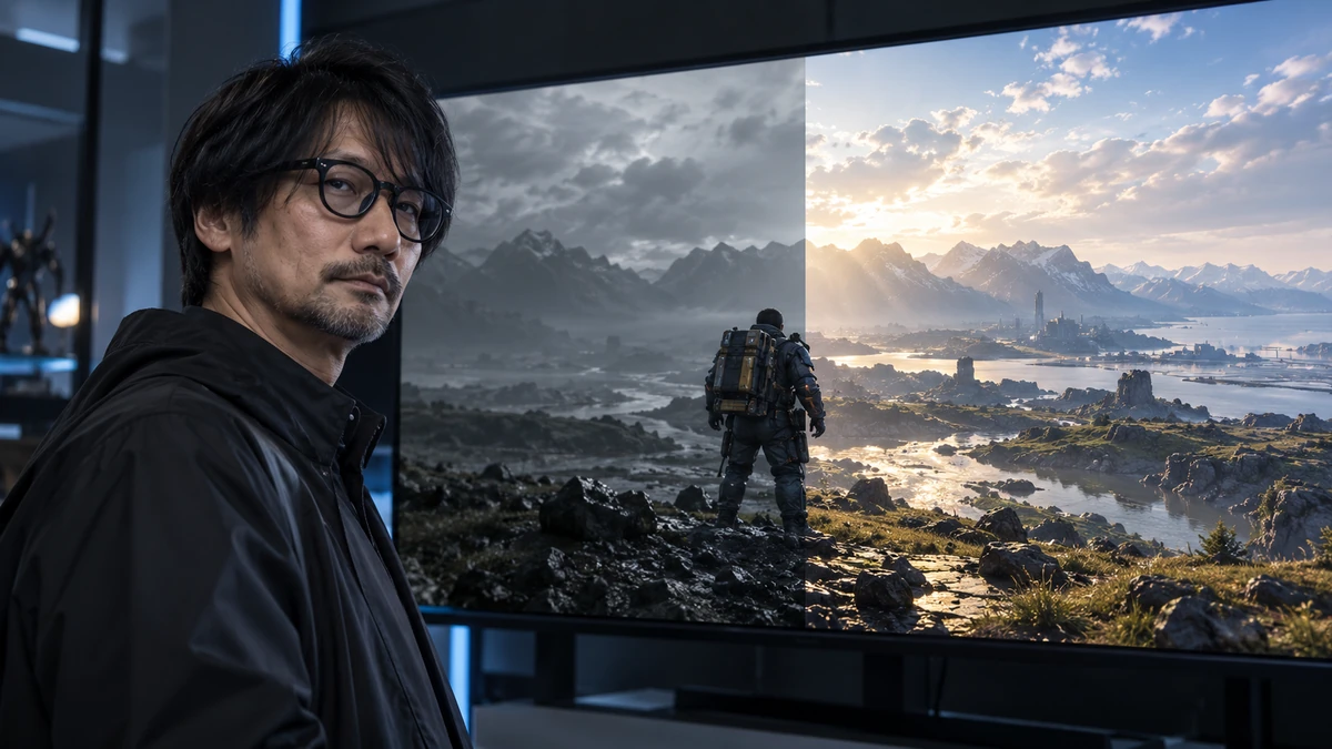 Hideo Kojima đứng trước màn hình game điện ảnh, một nửa khung hình mang phong cách nghệ thuật nguyên bản và nửa còn lại được AI neural rendering tăng cường ánh sáng, vật liệu