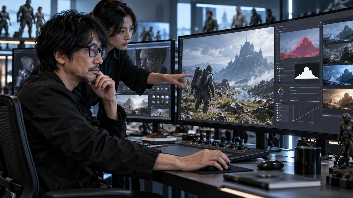 Giao diện phòng dựng game với nghệ sĩ đang điều chỉnh vùng masking, cường độ neural rendering và ánh sáng trên từng khu vực của cảnh 3D