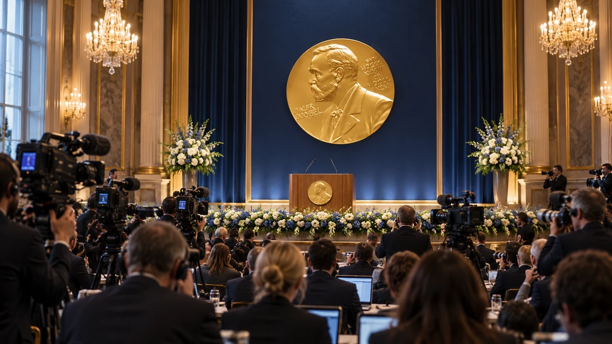 Toàn cảnh không khí trước giờ công bố Nobel Vật lý tại Stockholm, sân khấu trang trọng với biểu tượng Nobel và giới truyền thông quốc tế chờ đợi