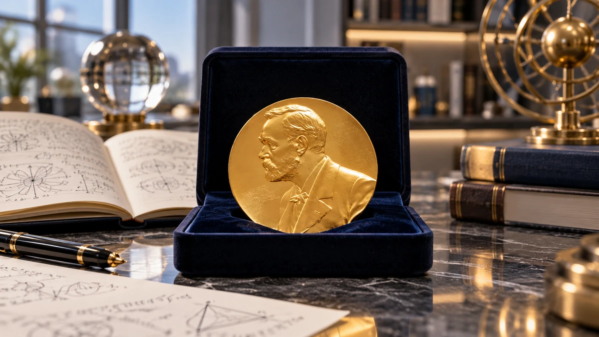 Cận cảnh huy chương Nobel Vật lý cùng tài liệu khoa học, công thức vật lý và không gian học thuật đặc trưng