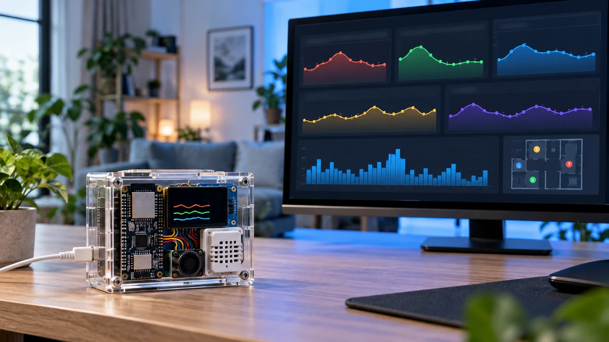 Toàn cảnh trạm đo chất lượng không khí DIY hoàn thiện gồm ESP32, cảm biến Sensirion, OLED và dashboard Home Assistant hiển thị PM2.5, CO2, nhiệt độ, độ ẩm