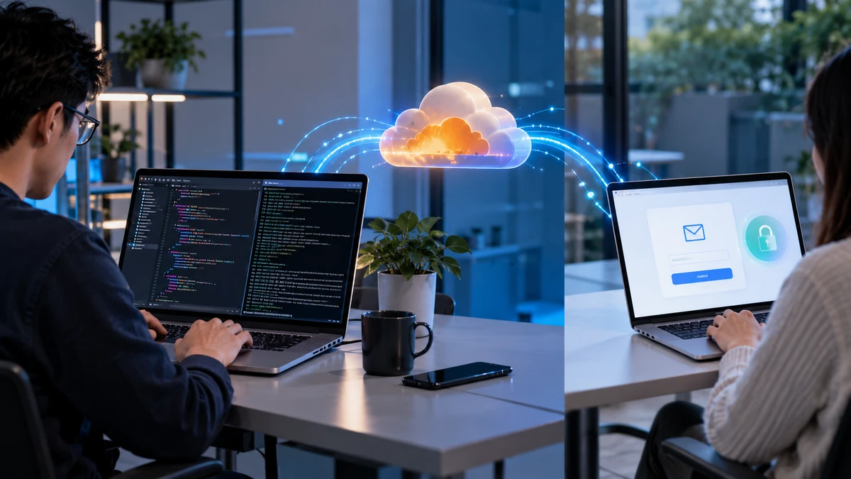 Laptop của lập trình viên chạy localhost và terminal cloudflared, luồng kết nối qua Cloudflare tới trình duyệt bên ngoài có biểu tượng khóa và xác thực email