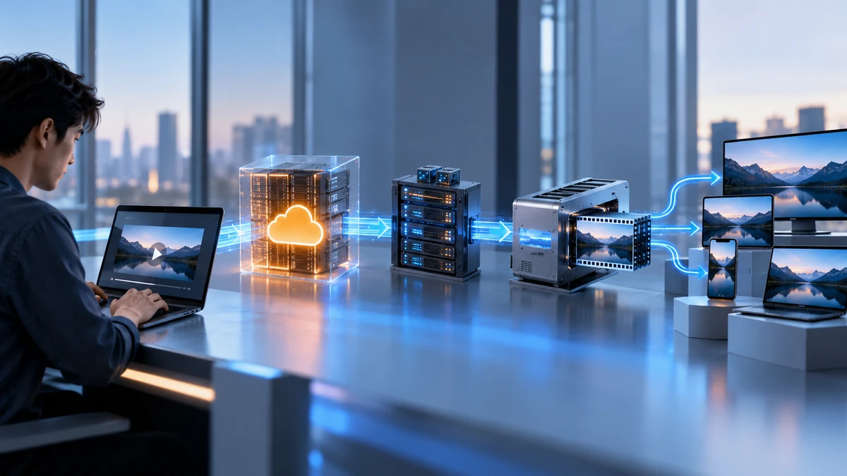 Sơ đồ kiến trúc tổng quan pipeline video từ người dùng qua Cloudflare Workers, Stream, Durable Objects và media processing engine, thể hiện luồng upload, xử lý và phân phối