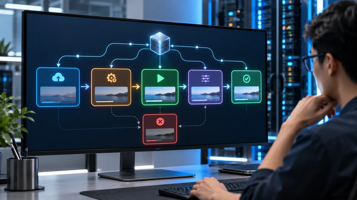 Cận cảnh sơ đồ state machine của một video với các trạng thái uploaded, processing, ready, custom processing, completed và failed do Durable Objects điều phối