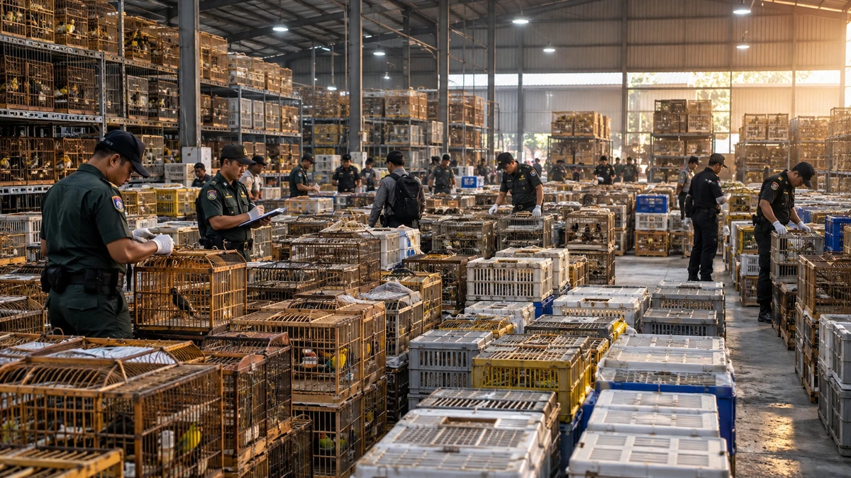 Toàn cảnh hàng nghìn lồng và thùng chứa chim hoang dã tại kho ở Đông Java trong quá trình lực lượng chức năng kiểm tra, không phô bày động vật chết