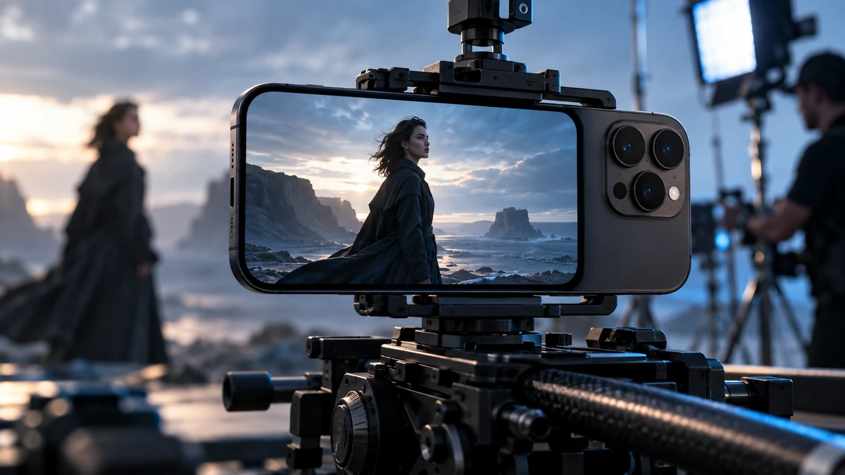 iPhone 18 Pro trên rig quay phim chuyên nghiệp, màn hình mở Final Cut Camera với chủ thể điện ảnh trong khung hình, nhấn mạnh sự kết hợp giữa phần cứng camera và phần mềm