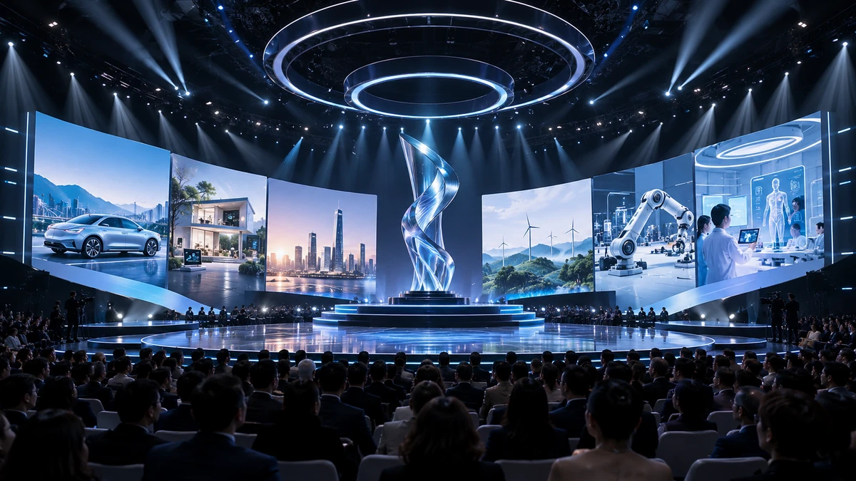 Toàn cảnh sân khấu lễ trao giải Better Choice Awards 2026 với không khí công nghệ hiện đại, biểu tượng đổi mới sáng tạo và các lĩnh vực tiêu biểu được vinh danh