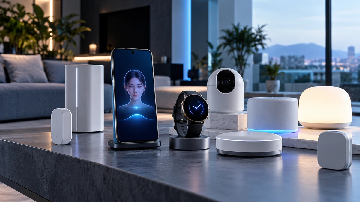 Cận cảnh hệ sinh thái công nghệ tiêu dùng gồm smartphone AI, đồng hồ thông minh, thiết bị nhà thông minh và giao diện trợ lý AI
