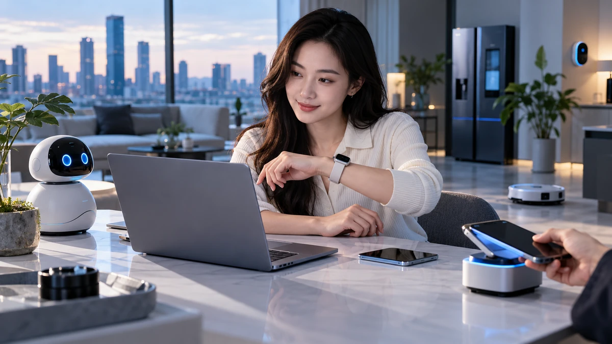 Bối cảnh thực tế người dùng tương tác với AI, thanh toán số và thiết bị đeo theo dõi dữ liệu trong một hệ sinh thái kết nối