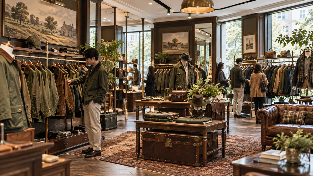 Toàn cảnh không gian Barbour Hà Nội với khu trưng bày áo khoác phủ sáp xanh olive và nâu đất, tinh thần heritage Anh Quốc nổi bật giữa không gian bán lẻ cao cấp.