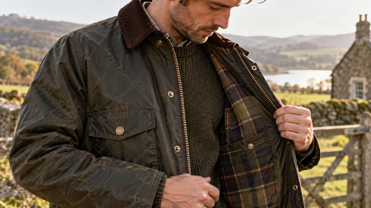 Cận cảnh một chiếc áo khoác Barbour phủ sáp, tập trung vào bề mặt chất liệu, cổ áo, khóa kéo, túi và lớp lót tartan đặc trưng.