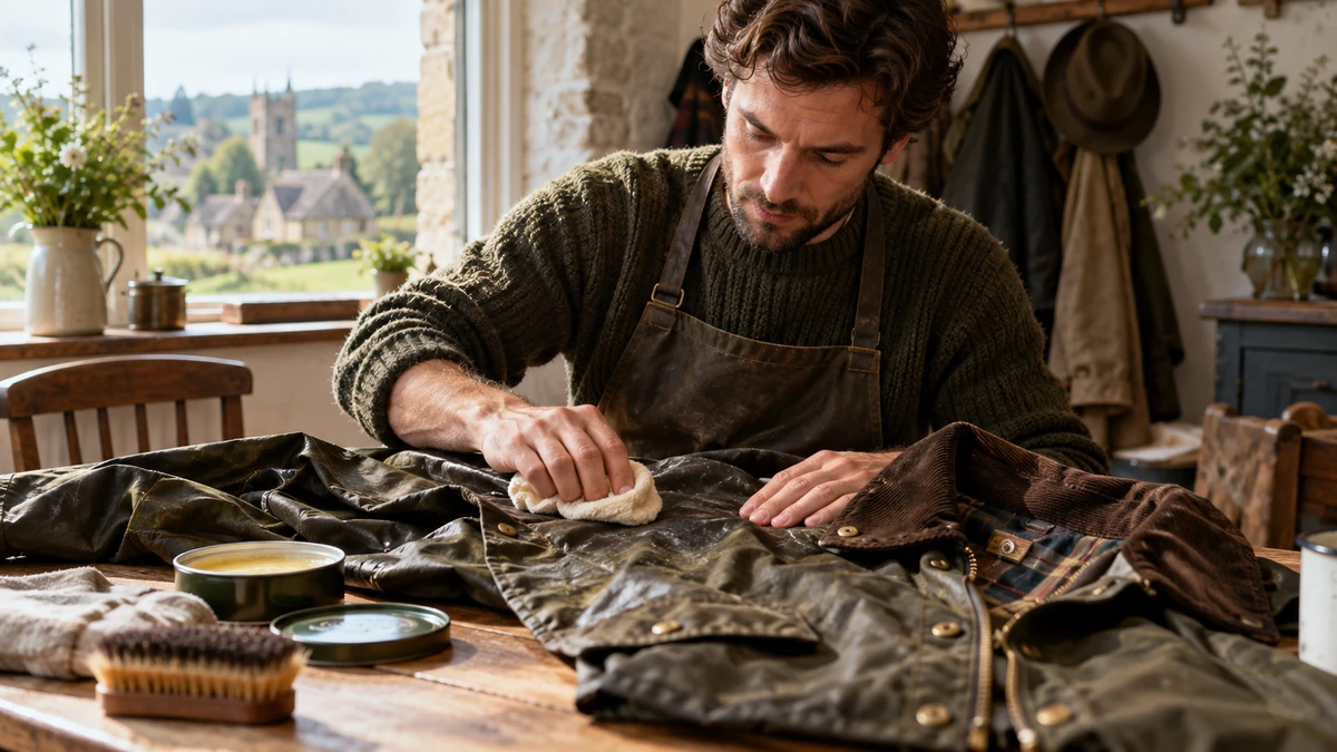 Cảnh thực tế quá trình chăm sóc và tái phủ sáp cho áo Barbour, bàn tay thao tác trên bề mặt vải để thể hiện triết lý kéo dài vòng đời sản phẩm.