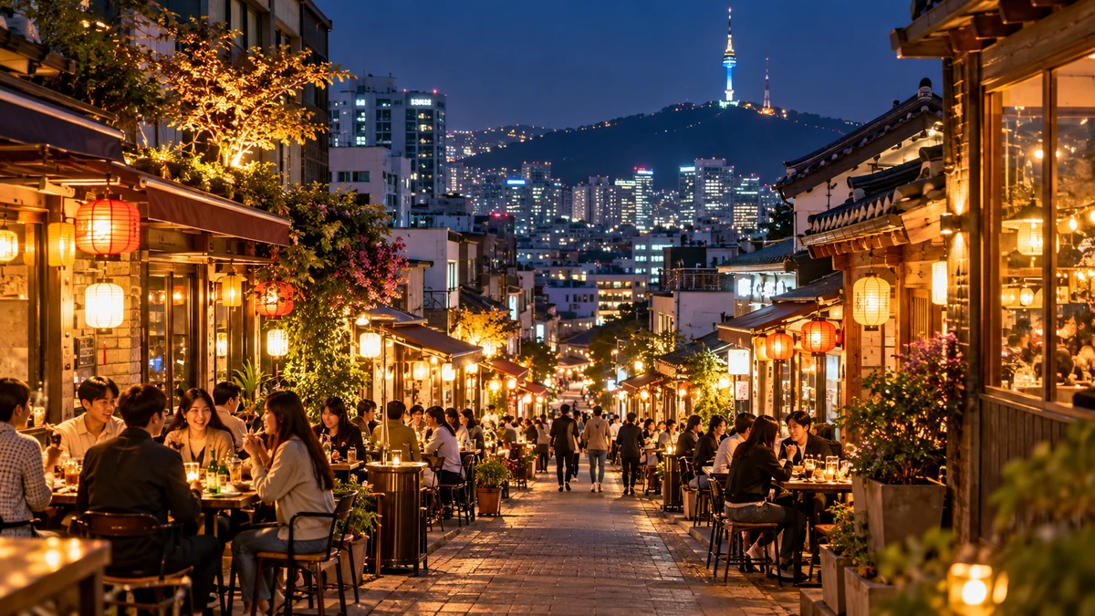 Toàn cảnh một con hẻm Yajang tại Seoul về đêm, bàn ghế ngoài trời đông thực khách, biển hiệu Hàn Quốc và ánh đèn đô thị tạo chiều sâu sống động