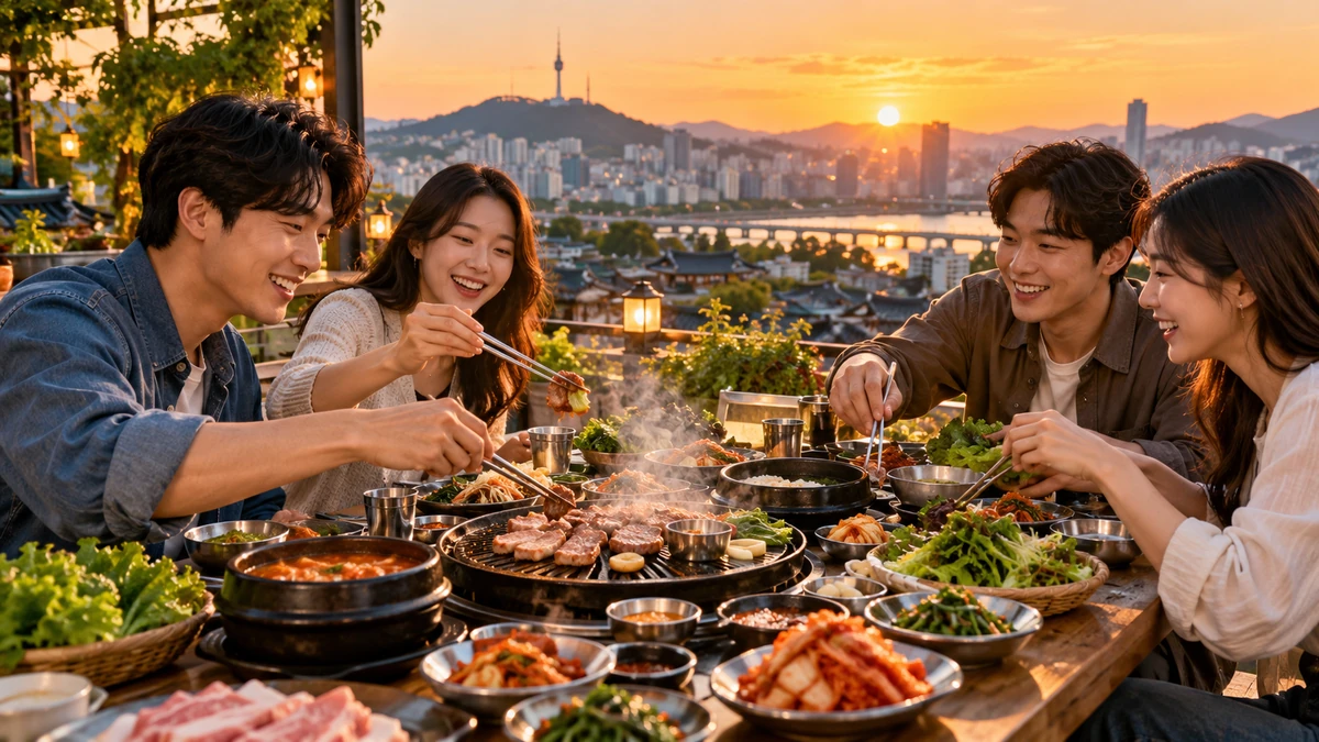 Cận cảnh bàn Yajang với thịt nướng nóng hổi, kimchi, banchan và các món ăn Hàn Quốc được chia sẻ giữa nhóm bạn