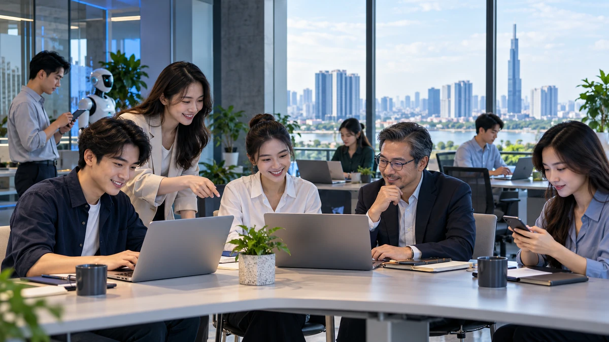 Không gian làm việc hiện đại tại Việt Nam với nhiều nhóm tuổi cùng sử dụng trợ lý AI trên laptop và điện thoại, thể hiện AI đã đi vào công việc và đời sống thường nhật.