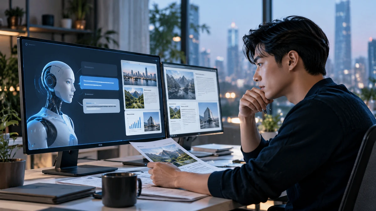 Cận cảnh màn hình trợ lý AI bằng tiếng Việt bên cạnh người dùng đang đối chiếu nguồn thông tin, nhấn mạnh vấn đề độ chính xác và khả năng kiểm chứng.