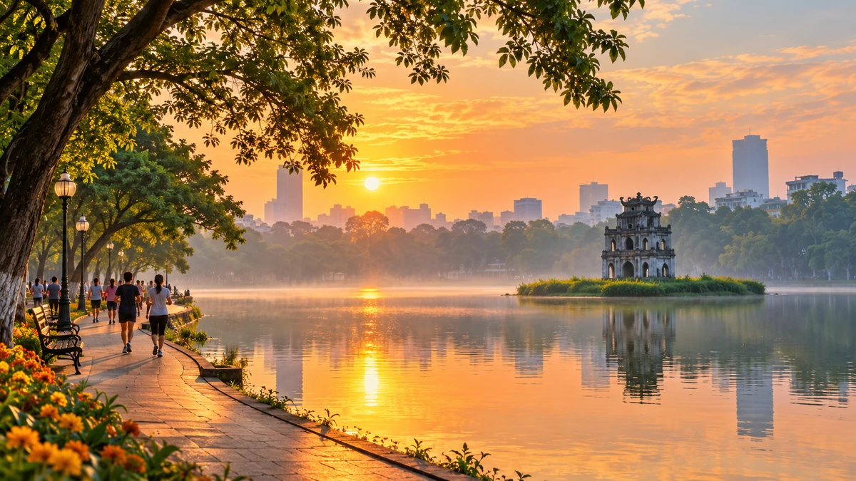 Toàn cảnh Hồ Gươm lúc bình minh với Tháp Rùa giữa mặt hồ, hàng cây ven bờ và người dân đi bộ, tạo cảm giác đặc trưng của Hà Nội