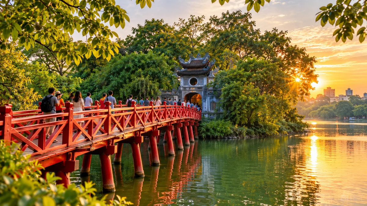 Cận cảnh cầu Thê Húc đỏ nổi bật dẫn vào đền Ngọc Sơn, có du khách tham quan trong không gian xanh quanh Hồ Gươm