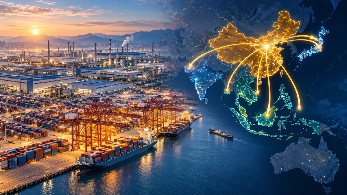 Toàn cảnh các nhà máy và container logistics tại Trung Quốc, kết hợp luồng dịch chuyển chuỗi cung ứng từ Trung Quốc sang Nhật Bản, Đông Nam Á và Ấn Độ trên bản đồ châu Á