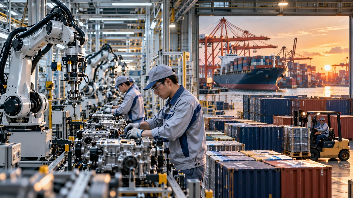 Cận cảnh dây chuyền sản xuất của doanh nghiệp Nhật Bản tại Trung Quốc với công nhân, robot công nghiệp và các container chờ xuất khẩu, thể hiện áp lực chi phí và tái cơ cấu