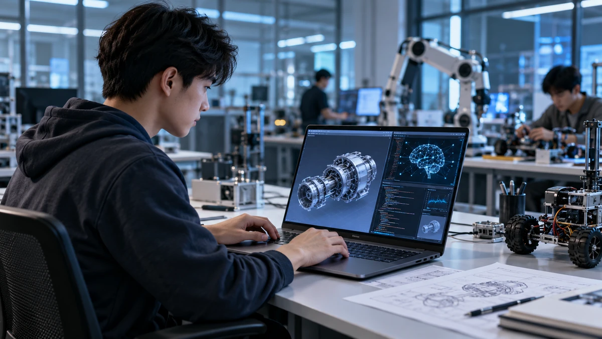 Sinh viên kỹ thuật làm việc tại bàn học với laptop hiệu năng cao, trên màn hình đồng thời hiển thị mô hình 3D và giao diện lập trình AI, bối cảnh phòng lab đại học hiện đại.