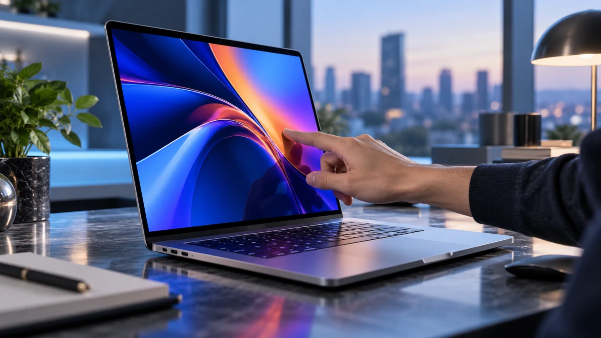 MacBook Pro thế hệ mới mở trên bàn làm việc cao cấp, màn hình OLED rực rỡ với một bàn tay đang chạm trực tiếp vào giao diện macOS, góc chụp 3/4 thể hiện thiết kế mỏng và hiện đại.