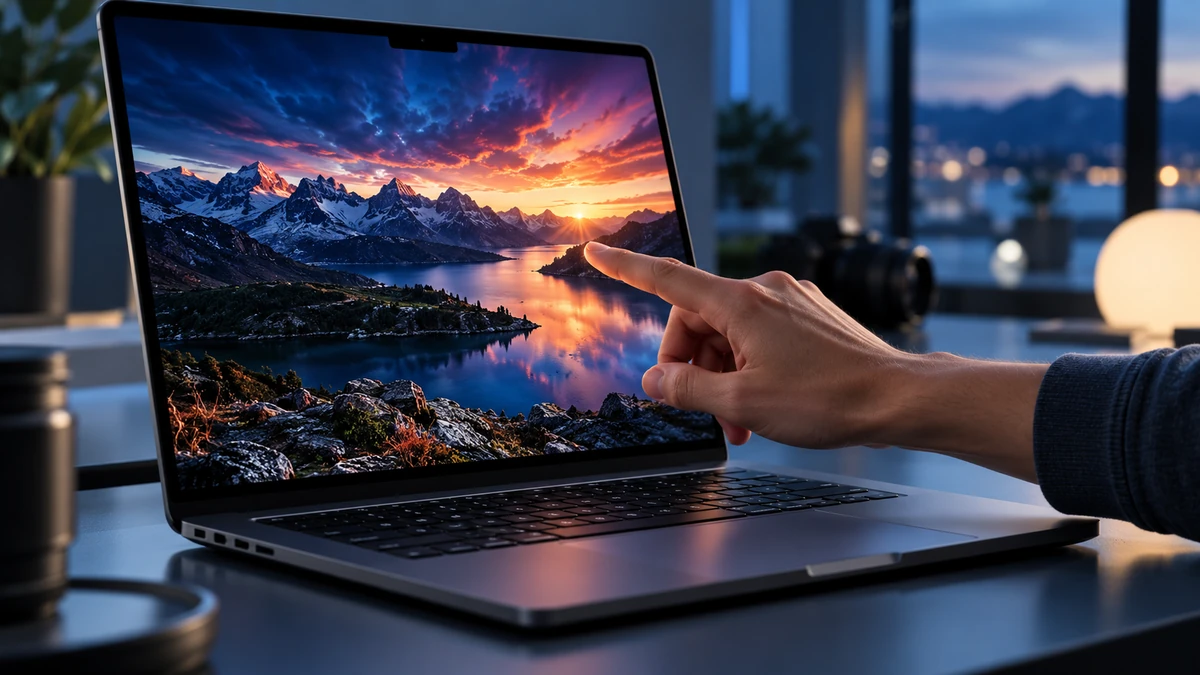 Cận cảnh màn hình OLED MacBook Pro hiển thị nội dung HDR với vùng đen sâu, màu sắc nổi bật và ngón tay thao tác trực tiếp trên một thành phần giao diện.