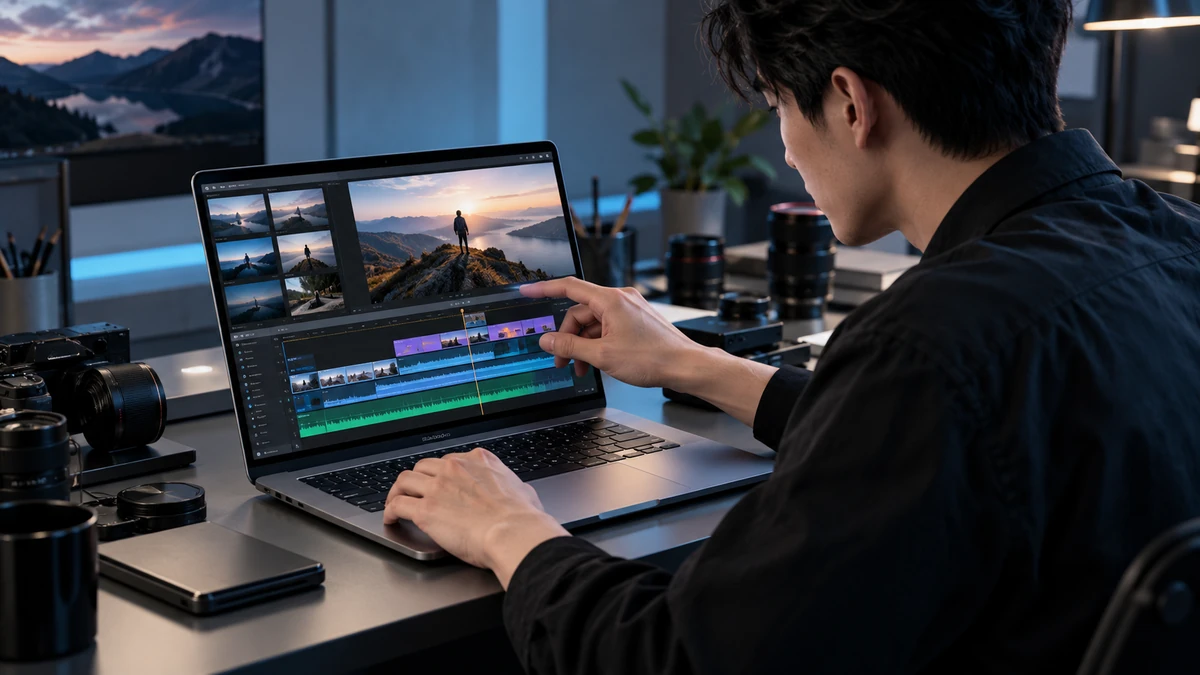 Người làm sáng tạo sử dụng MacBook Pro cảm ứng để thao tác trực tiếp trên timeline dựng video, kết hợp một tay chạm màn hình và tay còn lại sử dụng bàn phím hoặc Trackpad.