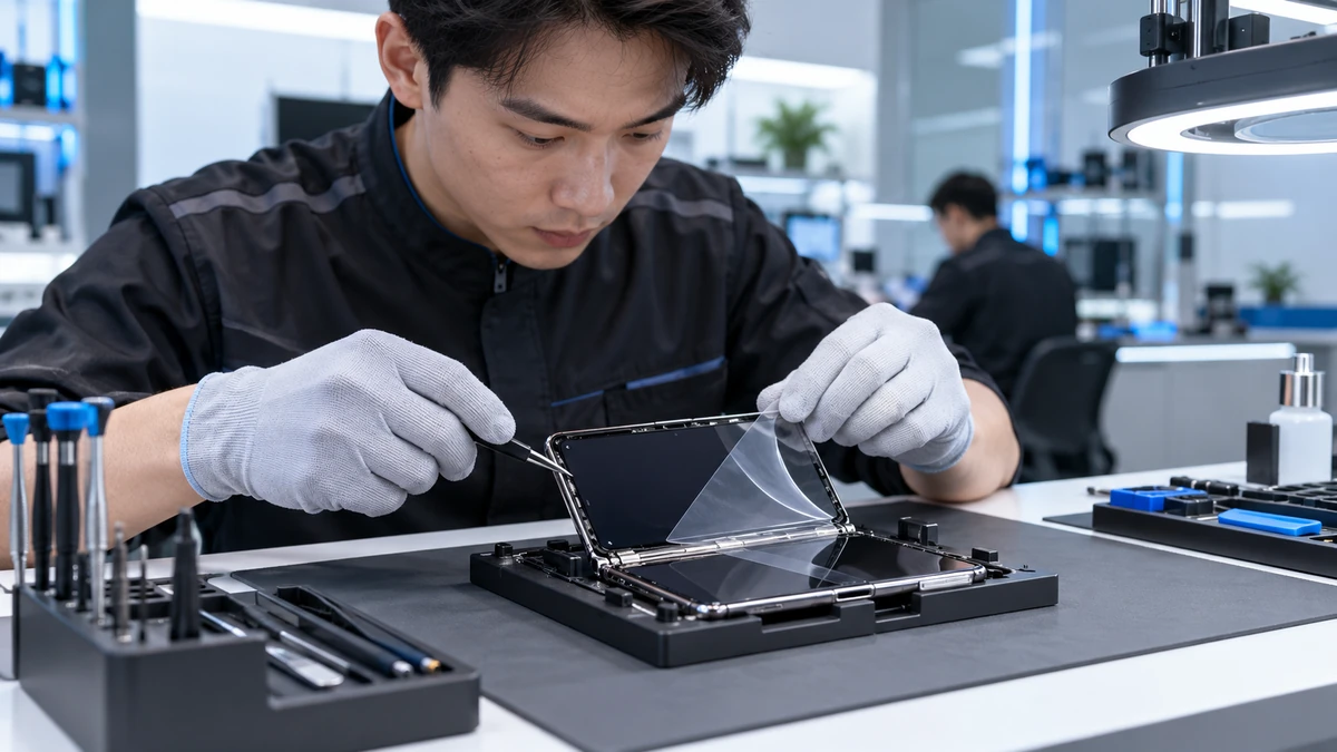 Kỹ thuật viên tại trung tâm dịch vụ đang thay lớp bảo vệ phía trên màn hình gập iPhone Duo bằng dụng cụ chuyên dụng