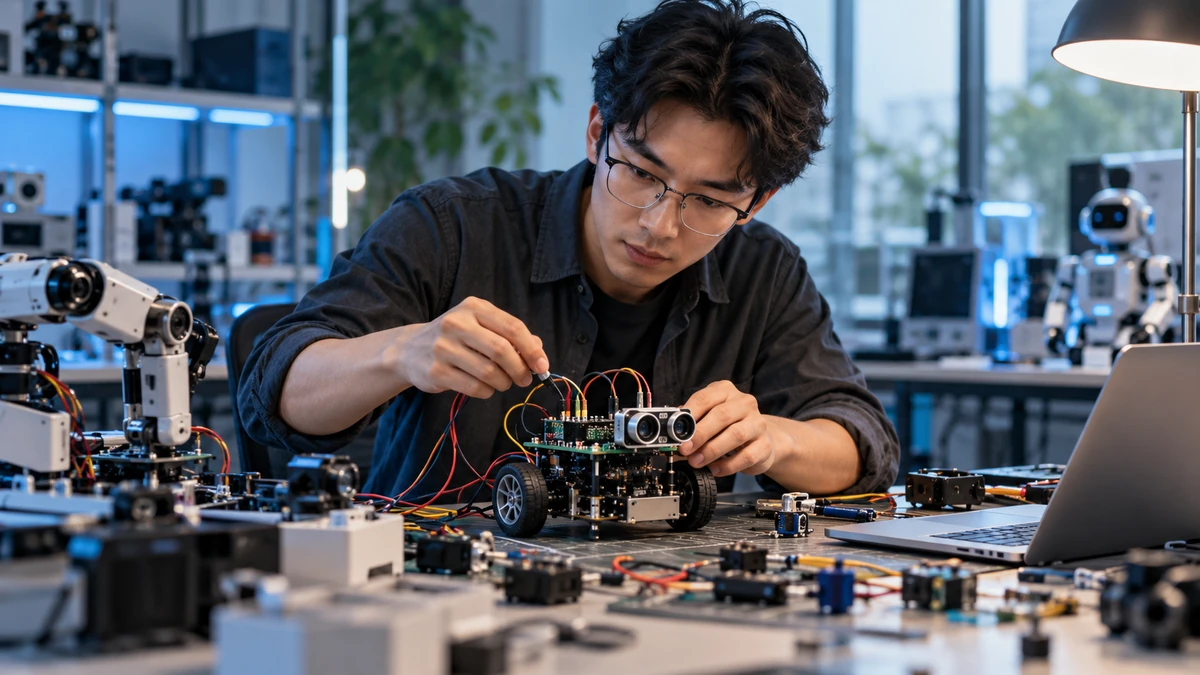 Kỹ sư đang lắp ráp và lập trình prototype AI agent trên bàn maker, kết nối bo mạch với cảm biến và kiểm thử phản hồi thực tế