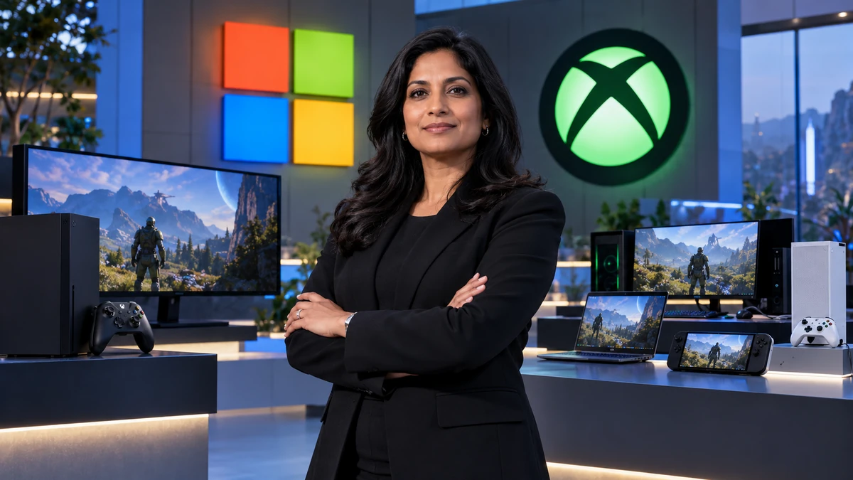 CEO Xbox Asha Sharma ở trung tâm, phía sau là logo Microsoft và Xbox cùng không gian gaming đa thiết bị gồm console, PC và cloud, phong cách ảnh báo chí công nghệ cao cấp