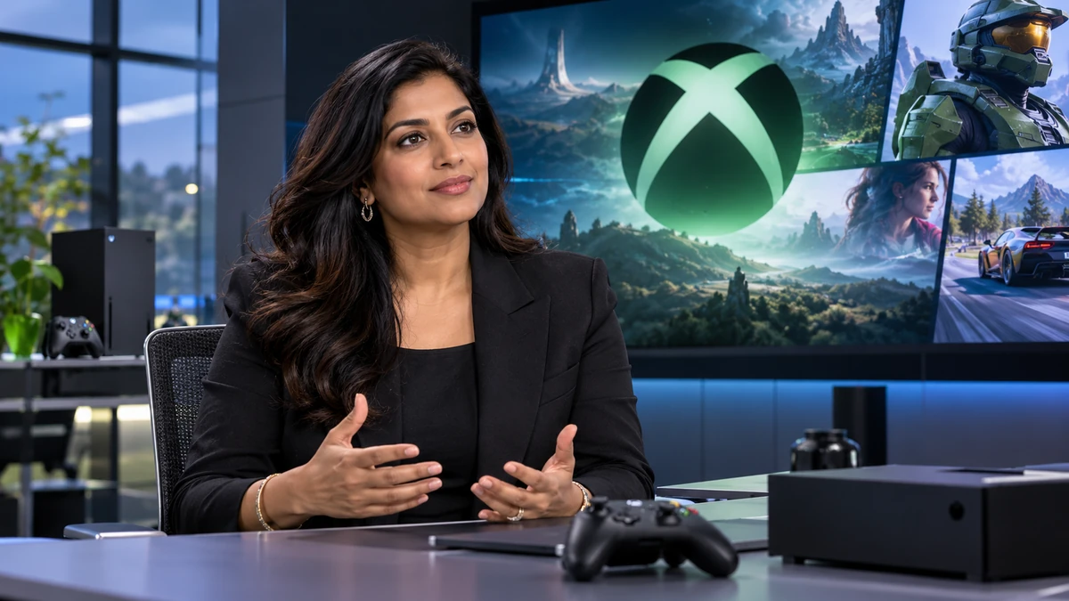 Cận cảnh Asha Sharma trong bối cảnh điều hành Xbox, màn hình phía sau thể hiện biểu tượng Xbox và thông điệp chiến lược dài hạn, nhấn mạnh câu chuyện Xbox không được rao bán