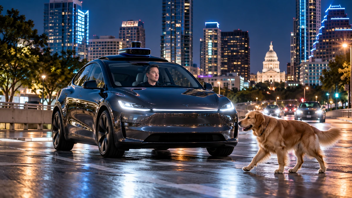 Robotaxi Tesla di chuyển trên đường phố Austin vào ban đêm, ánh đèn đô thị phản chiếu trên thân xe và một thú cưng xuất hiện ở phía trước